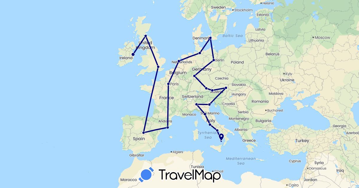 TravelMap itinerary: driving in Austria, Germany, Denmark, Spain, France, United Kingdom, Ireland, Italy, Netherlands (Europe)